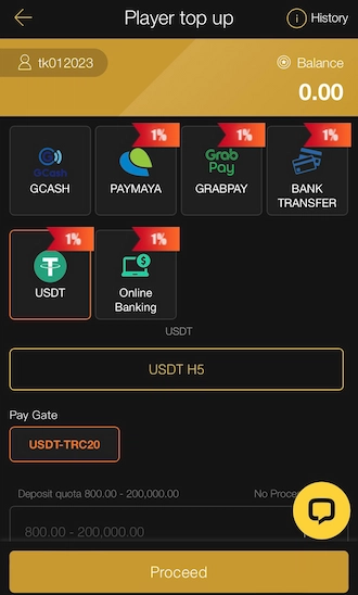 Step 1: Choose a USDT deposit method and select a Pay Gate. Then click Proceed