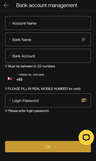 Step 3: Fill in the Account Name, Bank Name, Bank Account, Login Password