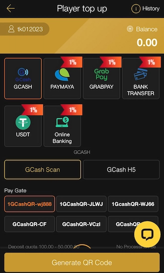 Step 1: Select the GCash deposit method and choose Payment Gateway.